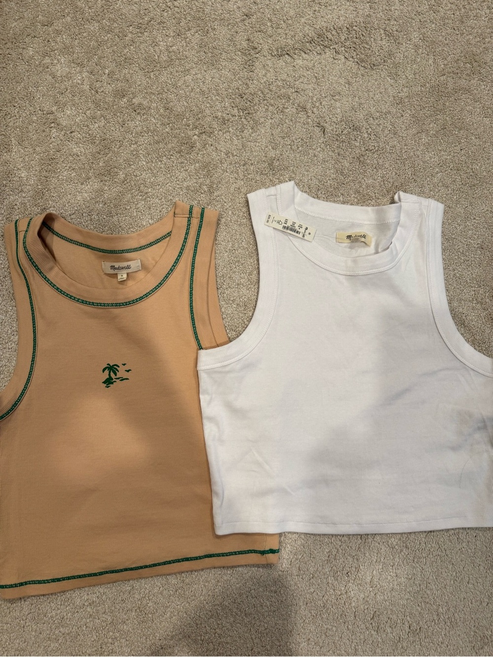 Madewell Crop Tank Top Duo — White & Tan with Green Trim